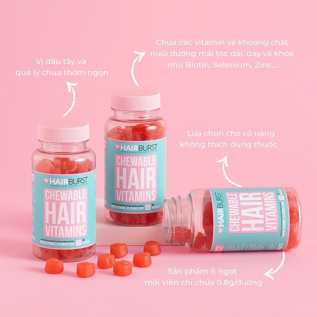 Kẹo Dẻo Vitamin Chăm Sóc, Hỗ Trợ Mọc Tóc HAIRBURST Chewable Hair Vitamins 60 gram/1 Lọ