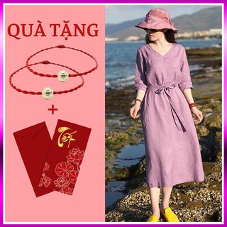 Váy tím hồng cổ tim dáng suông vải linen