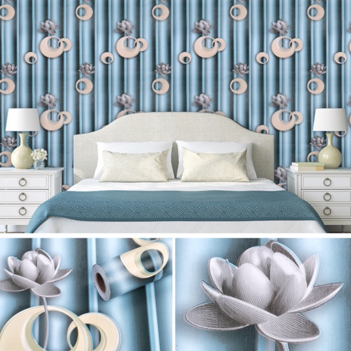 Decal giấy dán tường hoa sen 3D màu xanh khổ 45cm keo sẵn