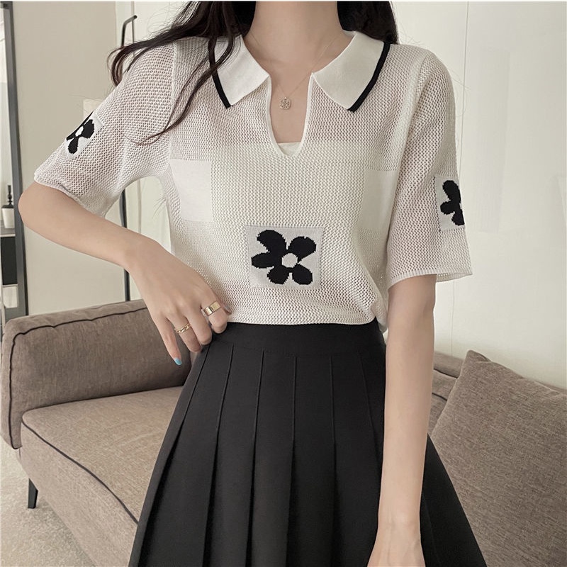 Áo Dệt Kim Tay Ngắn Cổ Chữ v In Họa Tiết Hoa Nhí Xinh Xắn Phong Cách Hàn Quốc Thời Trang Cho Nữ