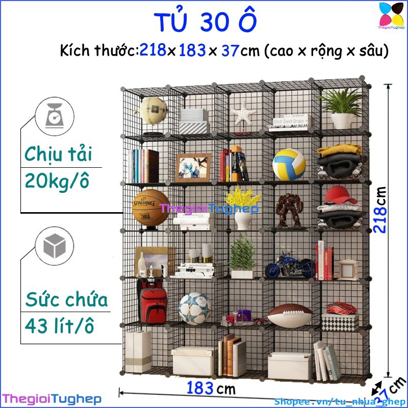 Tủ lưới sắt lắp ghép đa năng hiện đại để sách, đồ dùng trang trí phòng làm việc 30 ô