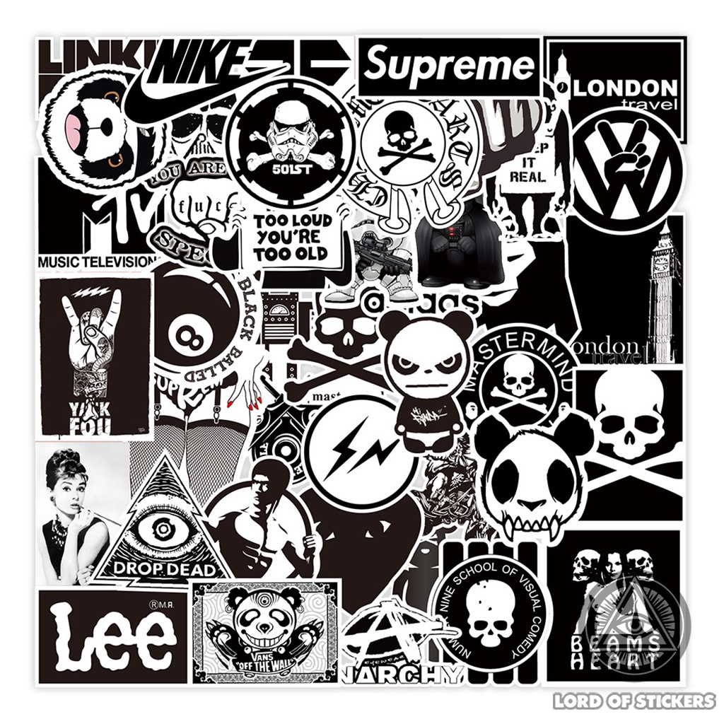 Set 100 Hình Dán Graffiti Brand Logo Sticker Thương Hiệu Đen Trắng Chống Thấm Nước Trang Trí Mũ Bảo Hiểm, Ván Trượt, Xe