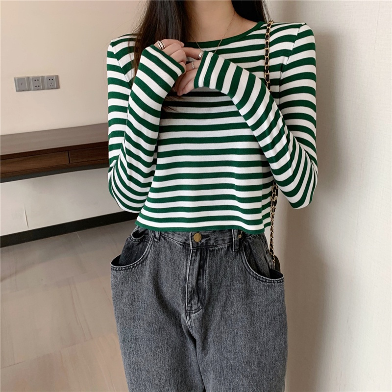 【ZHELIHANGFEI】Áo Sweater Dài Tay Lưng Cao Họa Tiết Kẻ Sọc Phong Cách Quyến Rũ