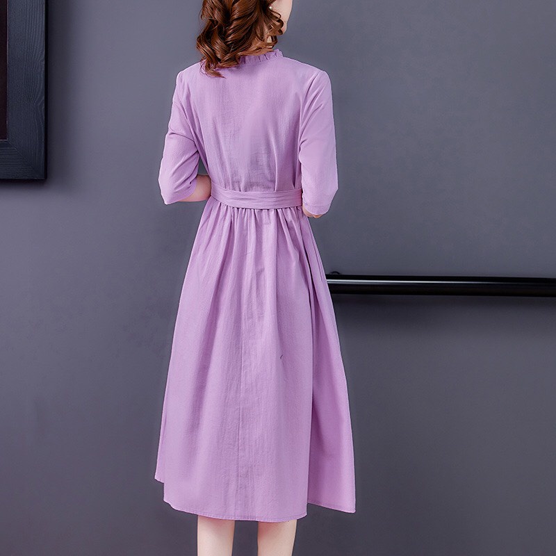 Đầm linen dáng suông cổ bèo tay lỡ nhún eo, mặc đi chơi, đi làm
