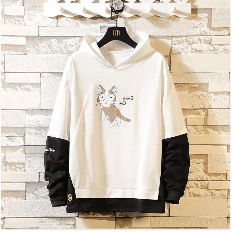 ÁO HOODIE NAM NỮ PHỐI TAY HAI MÀU HỌA TIẾT MÈO NGÁO NGƠ