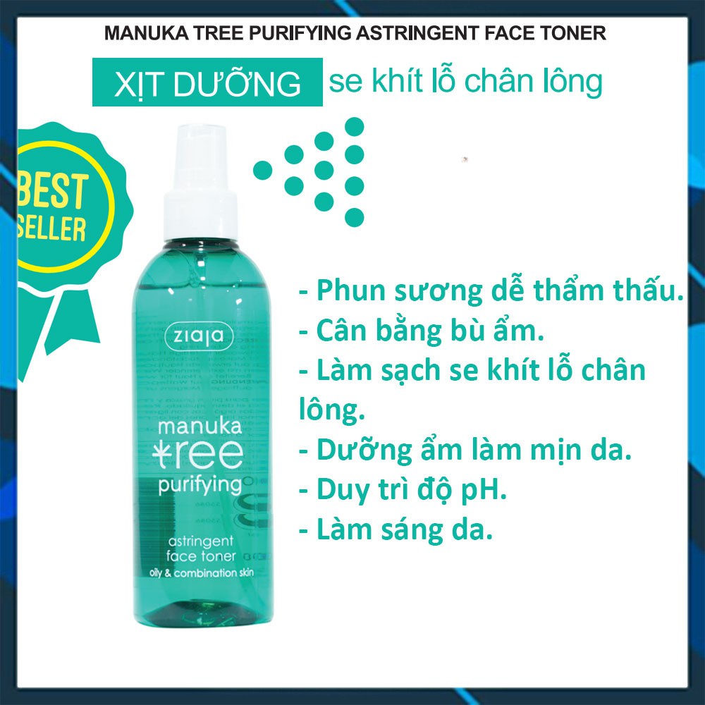 Xịt khoáng kiềm dầu dưỡng ẩm se khít lỗ chân lông làm sạch da Manuka Tree Purifying Astringent Face Toner ZIAJA