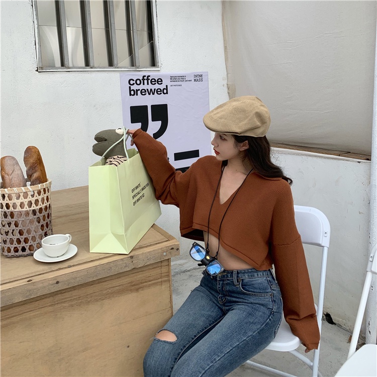 IELGY    Áo Thun Dệt Kim Cổ Chữ V Màu Trơn Dáng Rộng Phong Cách Hàn Quốc Cho Nữ