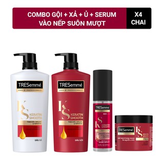 Combo Dầu Gội 640g+Dầu Xả 620g+Kem Ủ 180ML + Serum Dưỡng Tóc 97ML TRESemmé Vào Nếp Suôn Mượt Chuẩn Salon Keratin Smooth