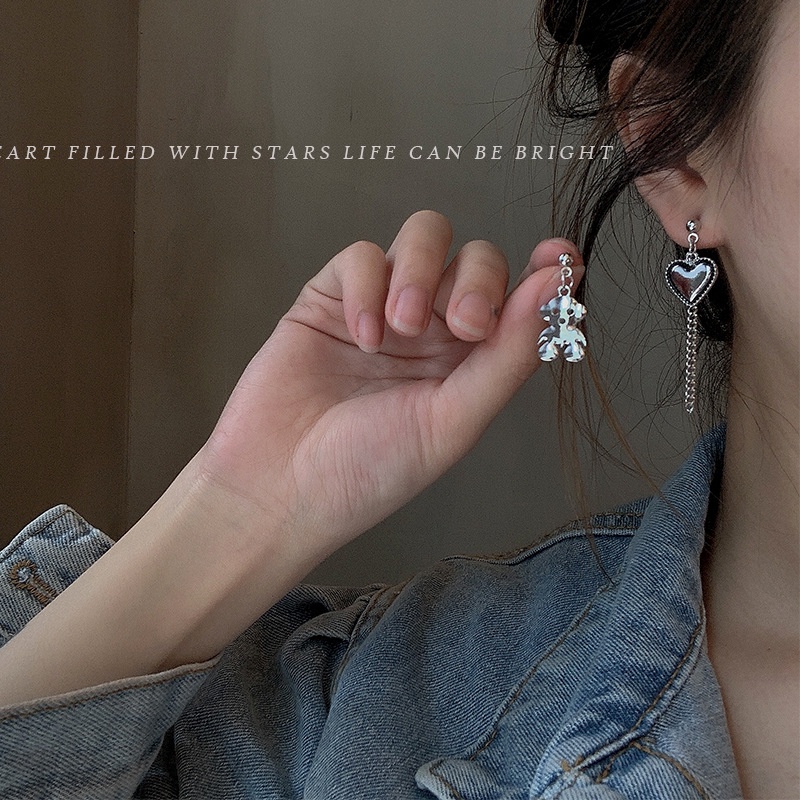 Khuyên Tai Bạc Hình Gấu Và Trái Tim Thời Trang Cá Tính