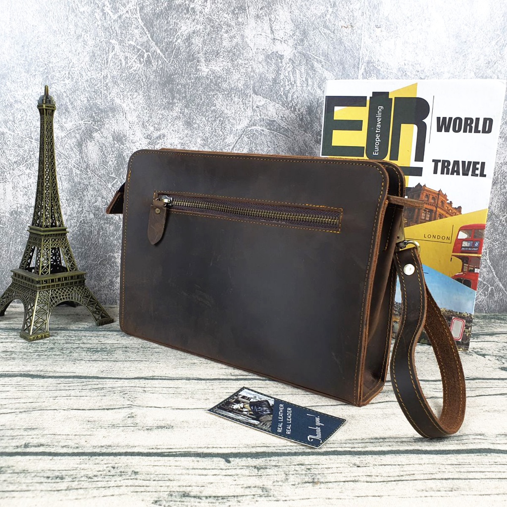 Clutch nam da bò thật; Túi cầm tay nam da sáp CL145LEA  - 100% da bò thật, BH 3 năm