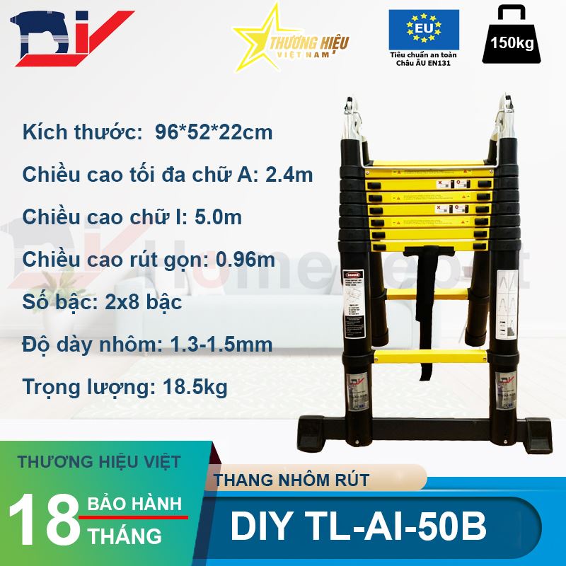 Thang nhôm rút đôi DIY TL-AI-50B sơn tĩnh điện, chiều cao sử dụng tối đa chữ A 2.5m chữ I 5.0m