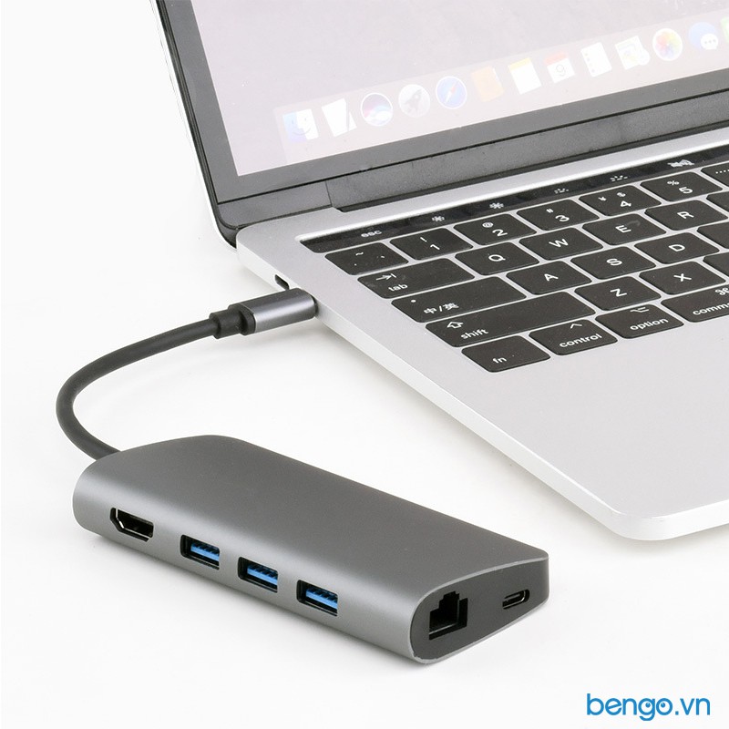 Hub USB-C 8 in 1 HDMI+LAN+USB-A 3.0 x 3+PD+thẻ SD và TF