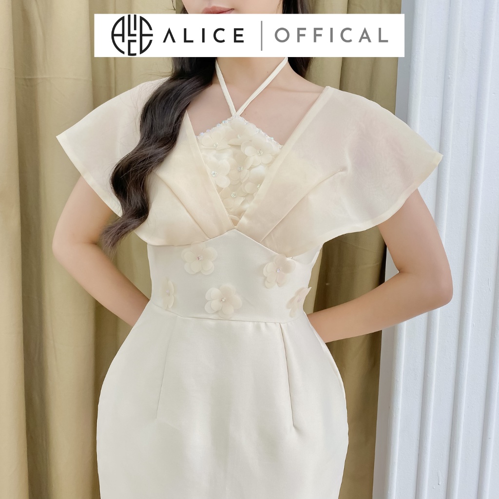 Váy Tiểu Thư Cổ Yếm Đính Hoa Nổi Phối Tơ Óng ALICE Thiết Kế Dáng Váy Bút Chì Dịu Dàng Sang Chảnh CHất Vải Mềm Mịn V868
