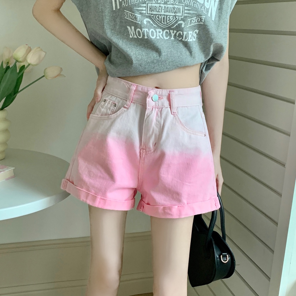 Quần Short Denim Mỏng Ống Rộng Lưng Cao Màu Gradient Xu Hướng Mới Mùa Hè Hàn Quốc Cho Nữ