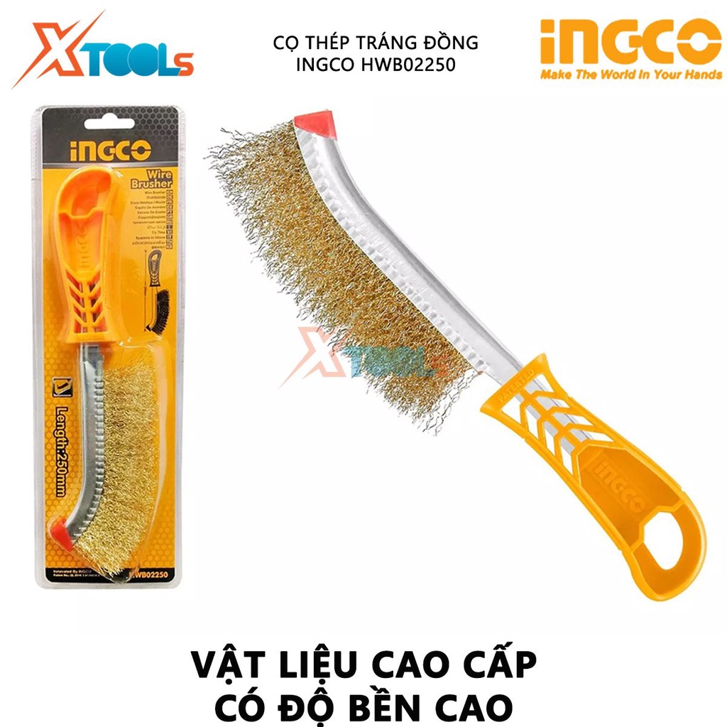 Cọ thép tráng đồng INGCO HWB02250 | Cọ vệ sinh rỉ sắt Chiều dài 250mm- 60/T Tay cầm nhựa Tráng đồng cọ rửa các bụi bặm,