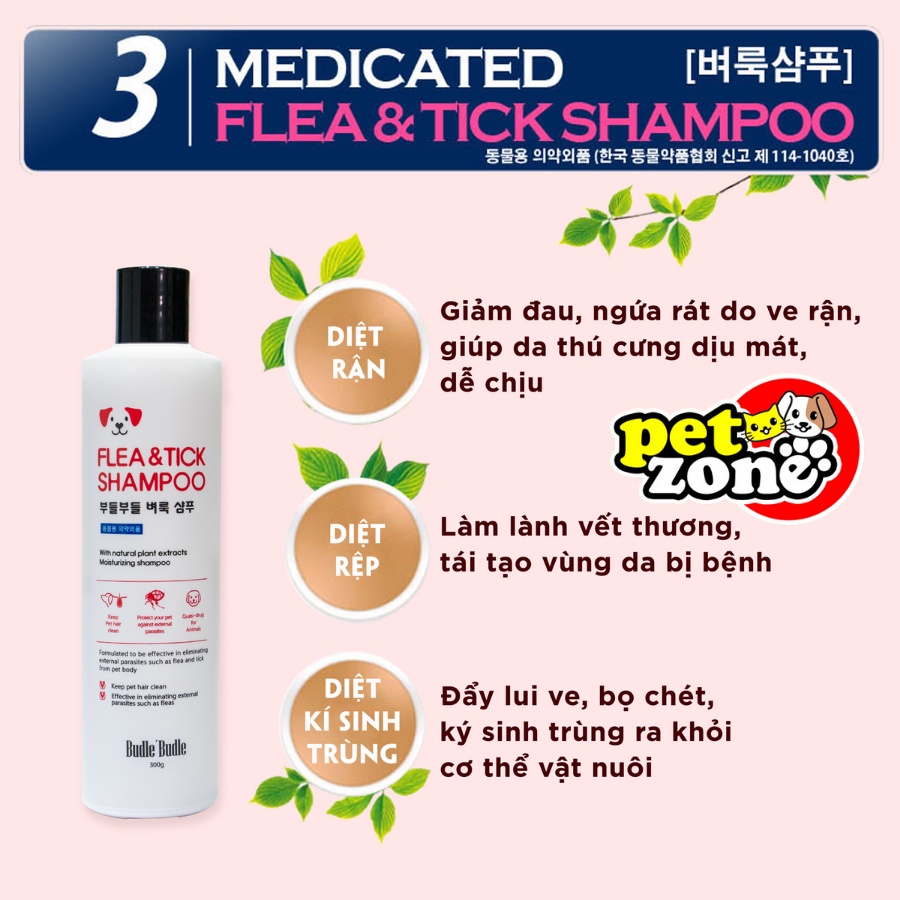 Sữa tắm trị ve rận, bọ chét và viêm da cho chó Budle Budle 300g