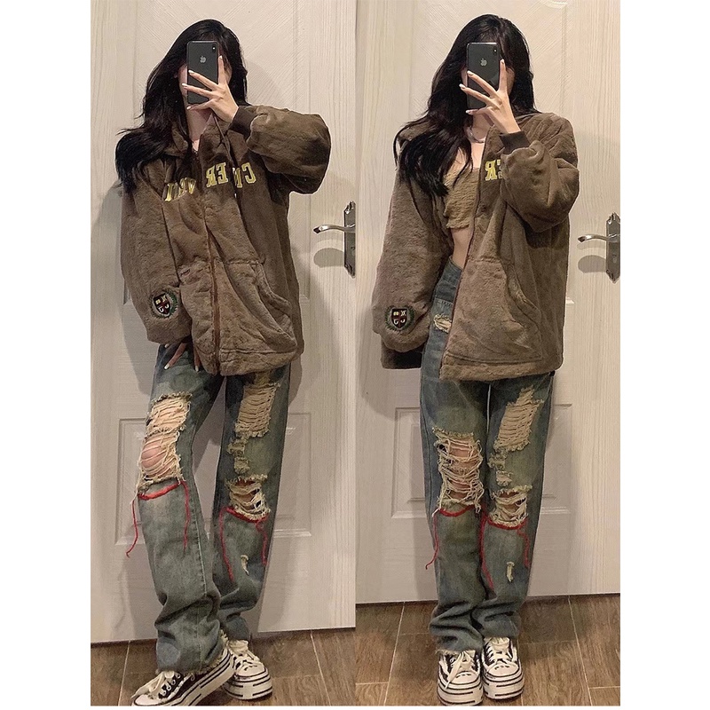 Quần jean nữ unisex ống rộng, quần bò nữ unisex rách phong cách hip hop cá tính C856