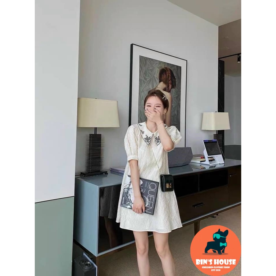Váy đũi trắng vân xốp 2 lớp cổ thêu hoa đi tiệc sang trọng BINSHOUSE