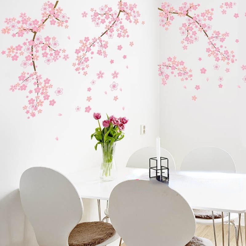 Set 2 Miếng Dán Tường Trang Trí Hình Hoa Mận Màu Hồng Xinh Xắn DIY