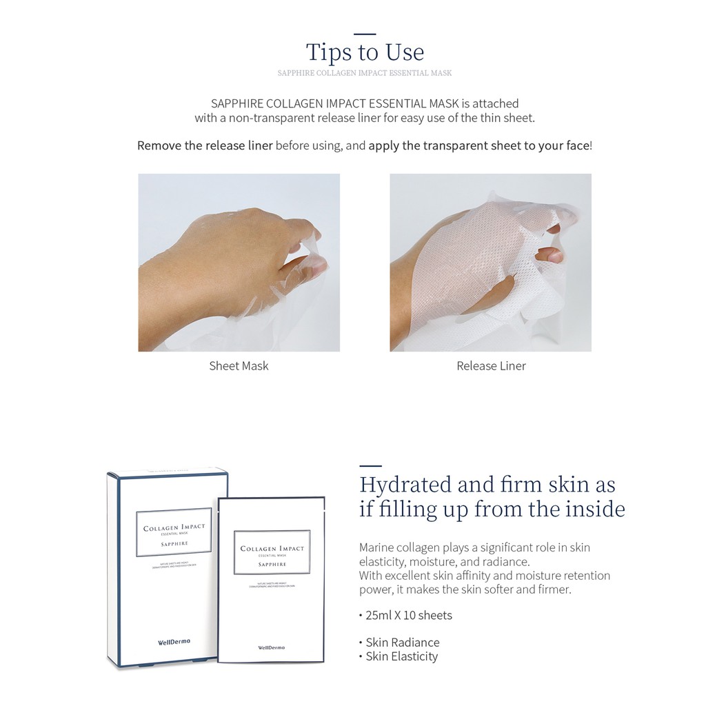 Mặt nạ tinh chất tiểu phân tử collagen biển cao cô đặc Wellderma Sapphire Collagen Impact Hydro Essential Mask 10ea/1Box