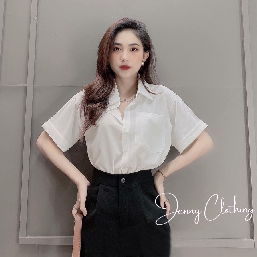 Áo sơ mi trắng nữ cộc tay form rộng tay ngắn lỡ kiểu áo sơ mi nữ basic có túi mặc đi học sinh viên làm công sở đều đẹp