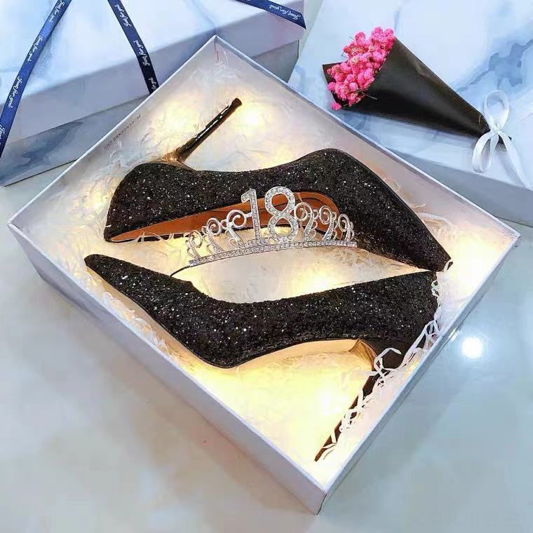 Giày cao gót sequin sáng chiếu phong cách mùa xuân hè Trung Quốc cho cô dâu