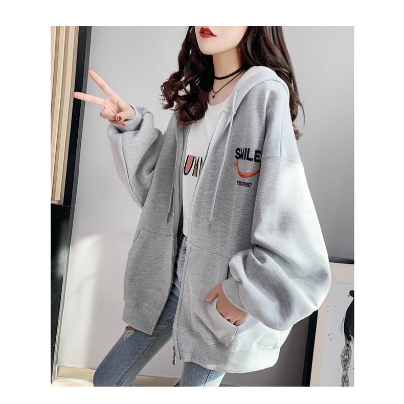 ZHELIHANGFEI Áo Hoodie Tay Dài Dáng Rộng Có Khóa Kéo Theo Phong Cách Preppy Dễ Phối Đồ