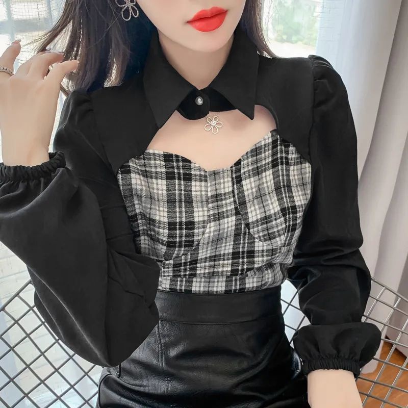 Áo Sơ Mi Tay Dài Giả Hai Lớp Màu Sắc Thời Trang Hàn Quốc Cho Nữ