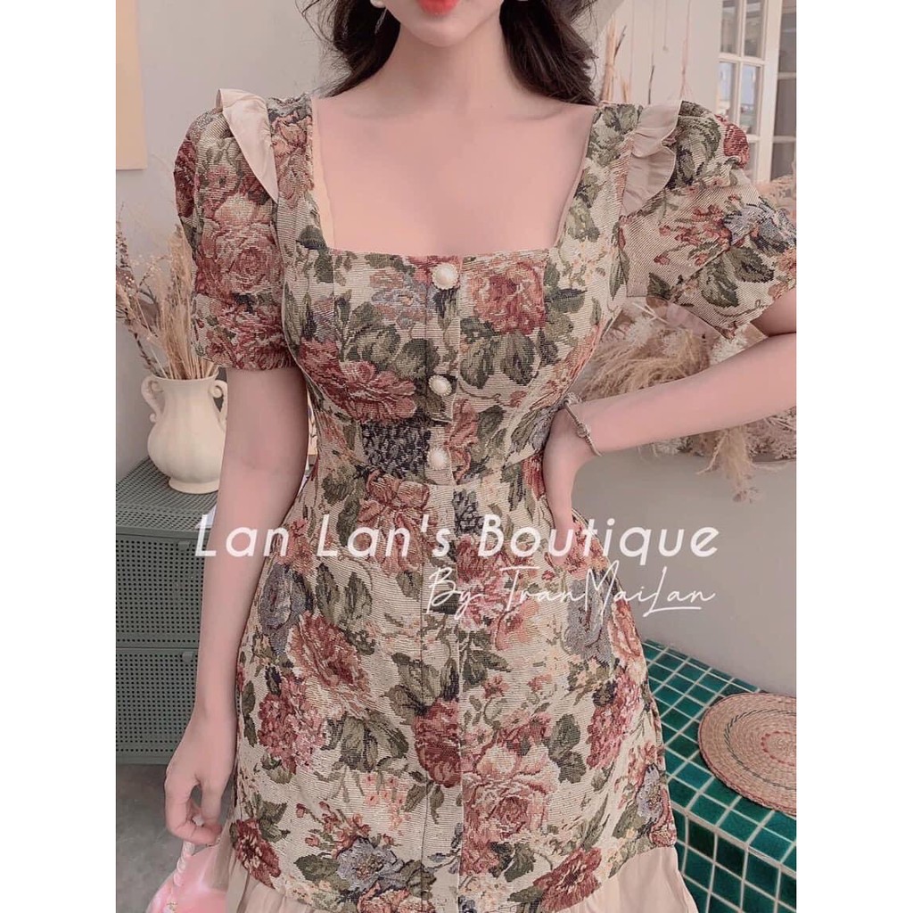 Đầm dáng xòe gấm hoa cao cấp phối nút - Flora Dress