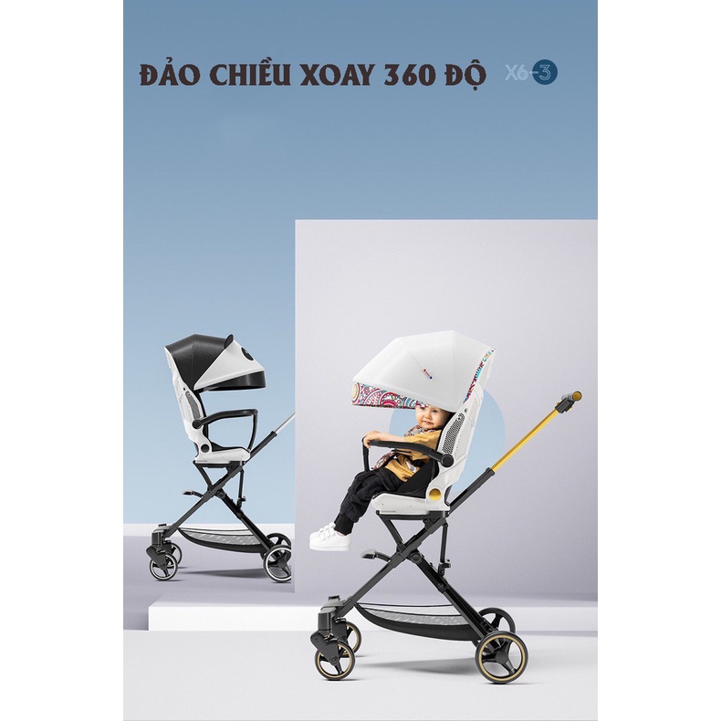 Xe đẩy du lịch gấp gọn 4 bánh 2 chiều 3 tư thế Playkids X6-3, ghế xoay 360 độ ngả 175 độ, dành cho bé 0 - 6 tuổi