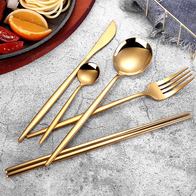 Bộ Muỗng Nĩa Đũa Vàng Gold Inox 304 Sang Trọng Cao Cấp Không Gỉ Basic Golden Cutlery