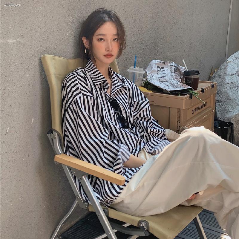 Áo Sơ Mi Tay Dài Dáng Rộng Họa Tiết Kẻ Sọc Phong Cách Retro Hong Kong Thời Trang Cho Nữ