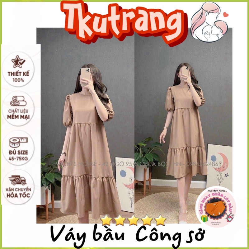 Đầm bầu công sở♥️FREESHIP♥️váy bầu thiết kế cực xinh, tay phồng, chất lụa thoáng mát