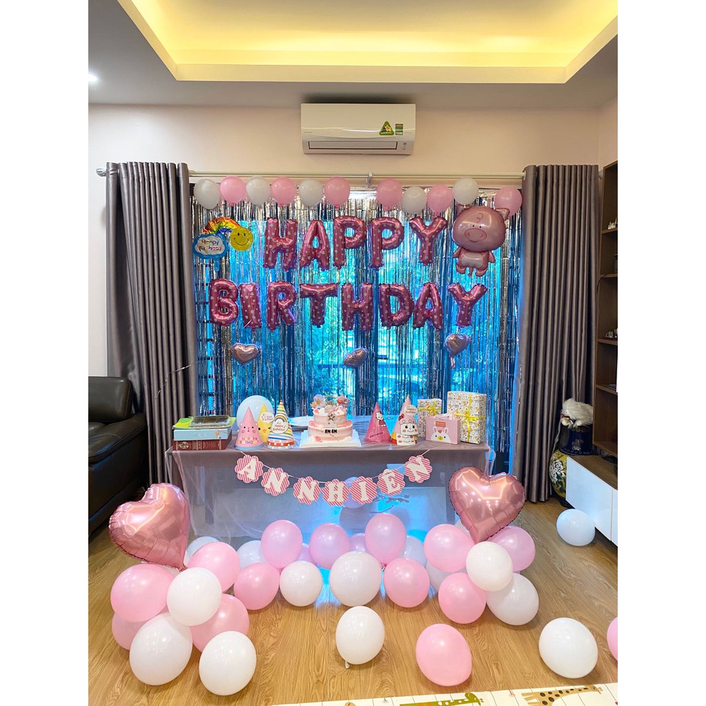 Combo Set Trang Trí Sinh Nhật 2 Rèm Kim Tuyến, Bóng Chữ Happy Birthday và 50 bong bóng tròn cho bé trai, bé gái CB01