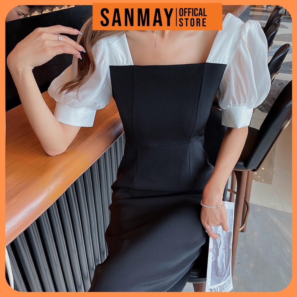 Váy Dự Tiệc Cưới SANMAY Đầm Cổ Vuông Tay Phồng Sang Trọng Thiết Kế Dáng Ôm Đi Chơi Công Sở Đen VD038 | BigBuy360 - bigbuy360.vn