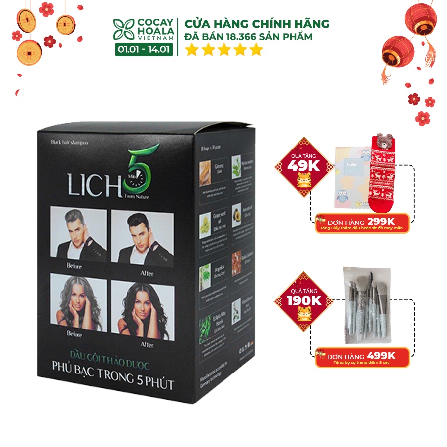 Dâu Gội Thảo Dược Phủ Bạc trong 5 phút Lich5 Cocayhoala- Thảo Dược Đen Tóc - 10 gói