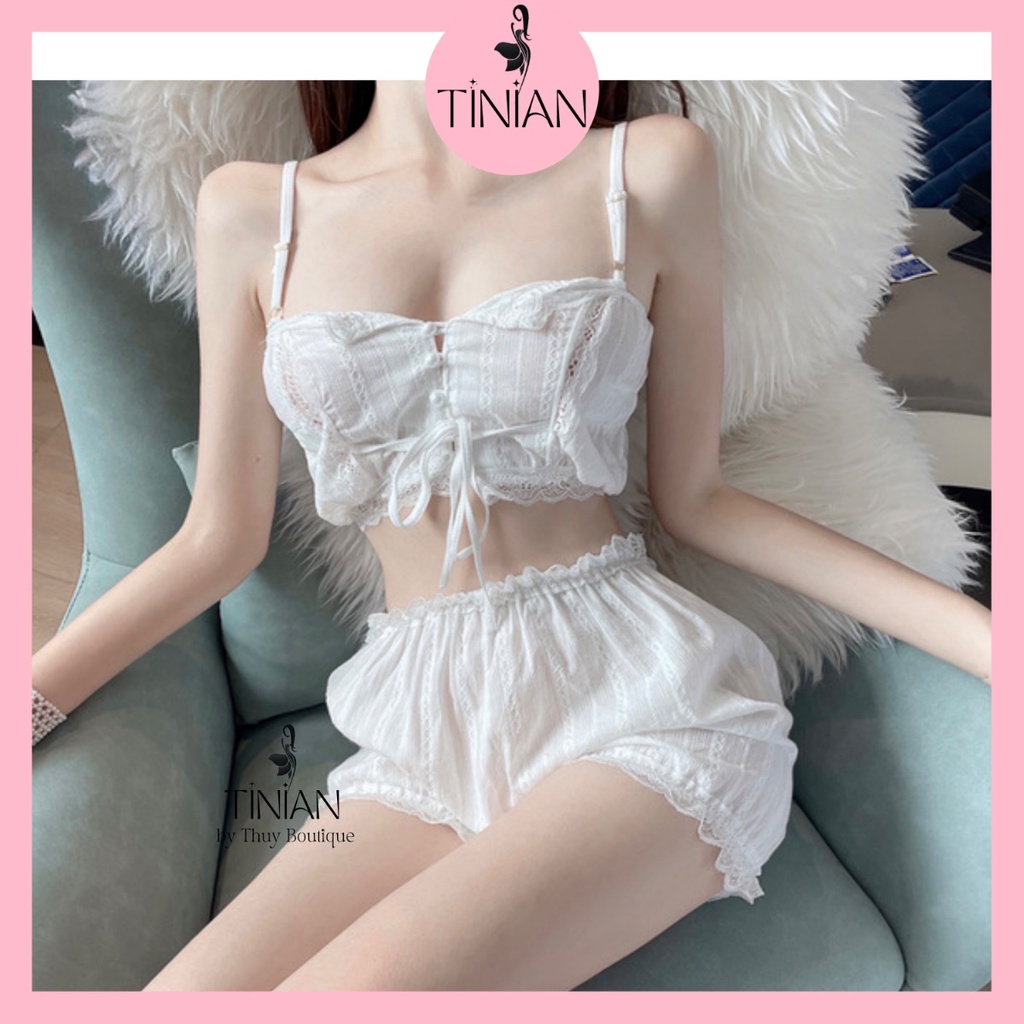 Đồ ngủ nữ bộ 2 dây quần đùi TINIAN dễ thương mặc nhà sexy gợi cảm xô đũi trắng 5092 5123 5297