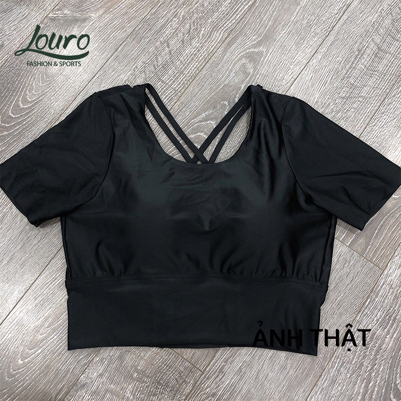 Quần áo tập yoga Louro SE42, kiểu bộ đồ tập yoga nữ gồm quần tập trơn dài và áo croptop đan dây, co giãn 4 chiều