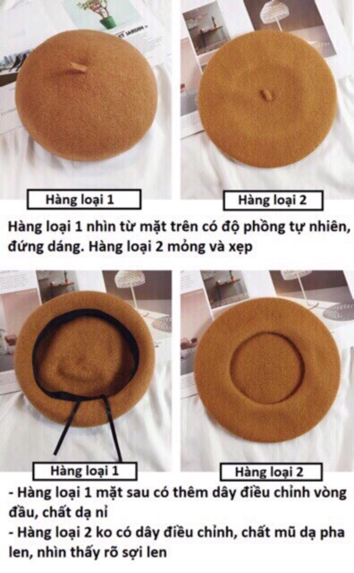 Mũ nồi dạ tròn / mũ beret tròn nữ chất dạ mịn cao cấp sịn sò hàng Quảng Châu có dây điều chỉnh to nhỏ
