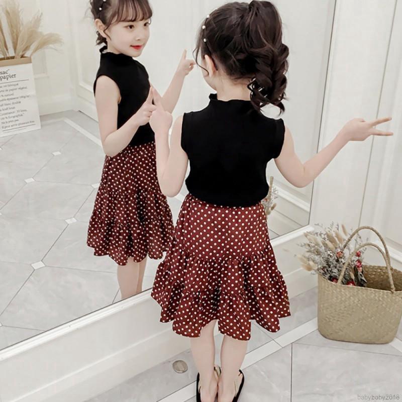 Set áo thun sát nách cổ tròn + chân váy chấm bi cho bé gái