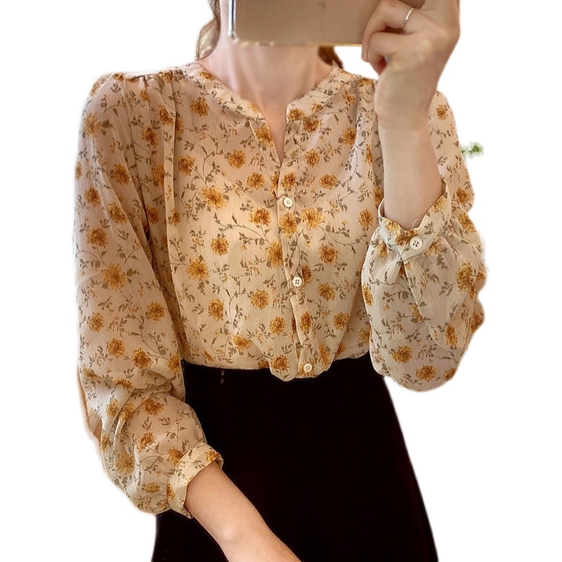 Áo sơ mi chiffon tay dài cổ chữ V họa tiết hoa thời trang mùa xuân ngọt ngào dành cho nữ