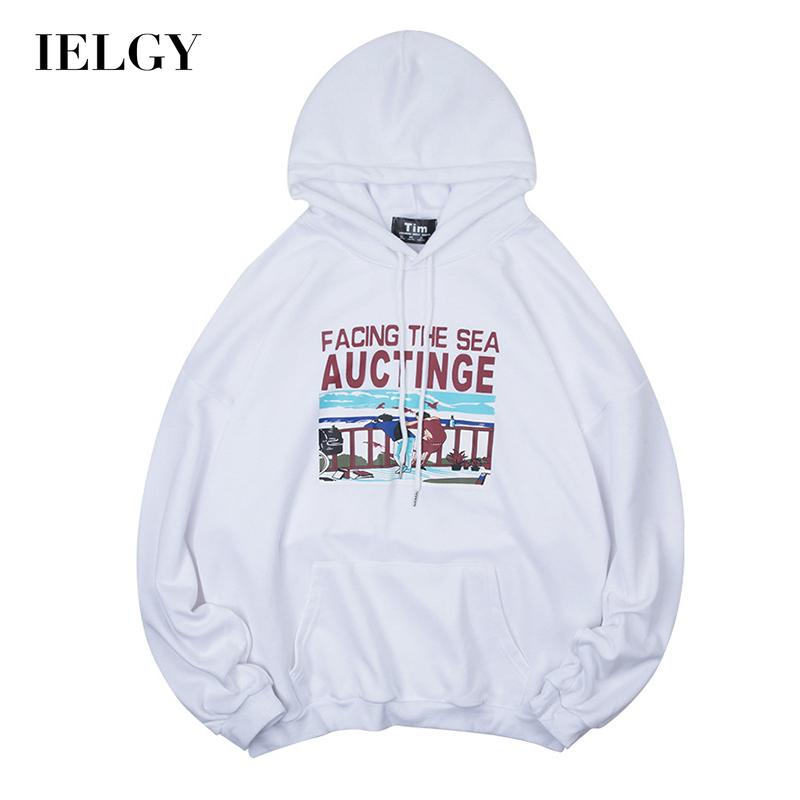 Áo sweater chui đầu IELGY có mũ trùm dáng rộng màu trắng in họa tiết phong cách Hong Kong Hàn Quốc sành điệu