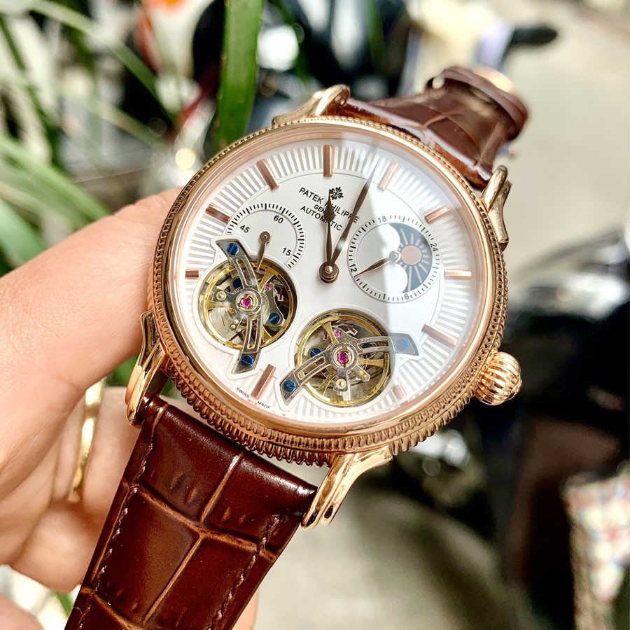Đồng hồ Nam Patek 2 tim máy nhật, mặt trắng viền vàng, dòng cơ Automatic size 42mm-43mm