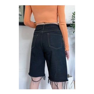 Quần jean nữ quần jean ngố cạp cao chất bò cotton không co dãn màu đen rách