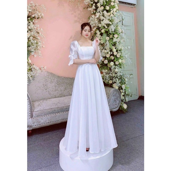 Đầm maxi cưới TRIPBLE T DRESS tay ngắn phồng kết nơ tay phối nút bọc - size S/M/L -MS162Y