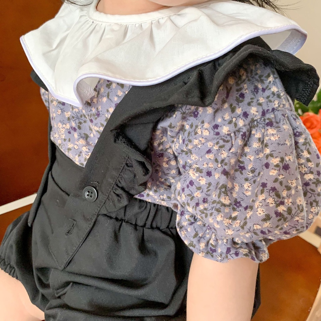 Áo hoa tay ngắn + quần sooc yếm đen cho bé gái sơ sinh phong cách Hàn quốc