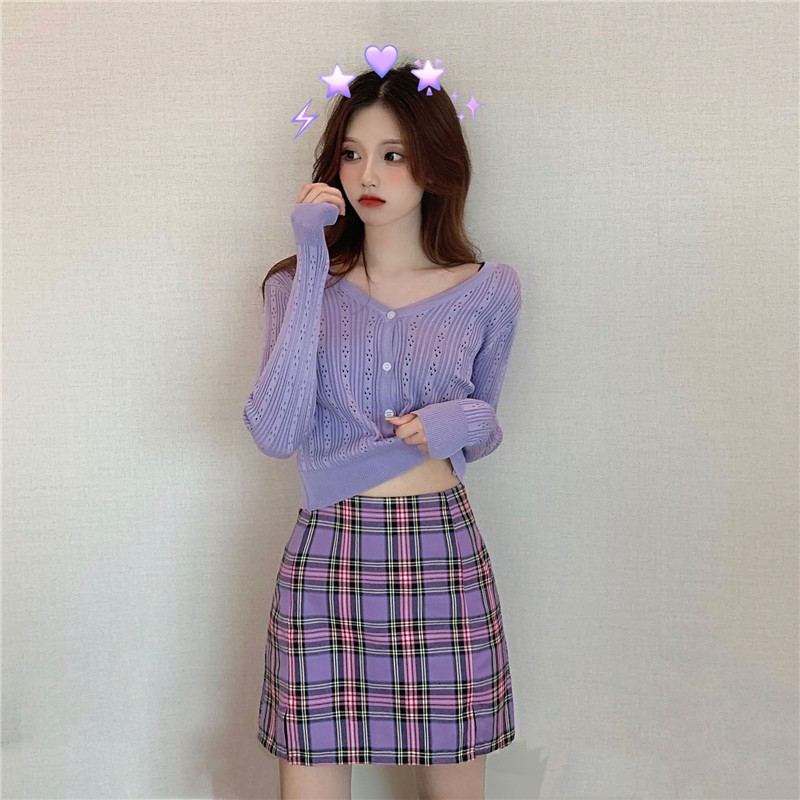 ( SẴN CHÂN VÁY) Chân váy dáng chữ A kẻ sọc caro tím+ Áo len Cardigan dệt kim mỏng nhẹ style cá tính | BigBuy360 - bigbuy360.vn