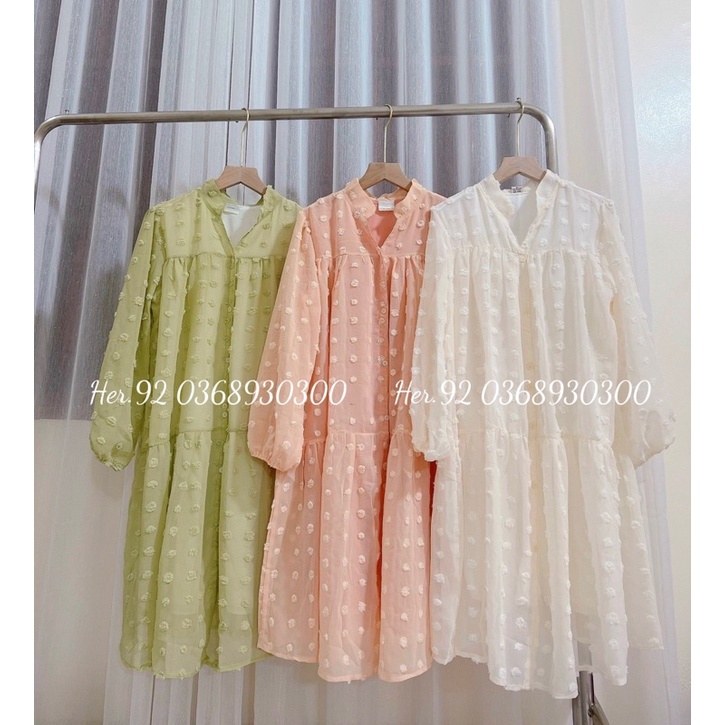 Đầm cục bông dáng babydoll tay dài hai lớp siêu xinh