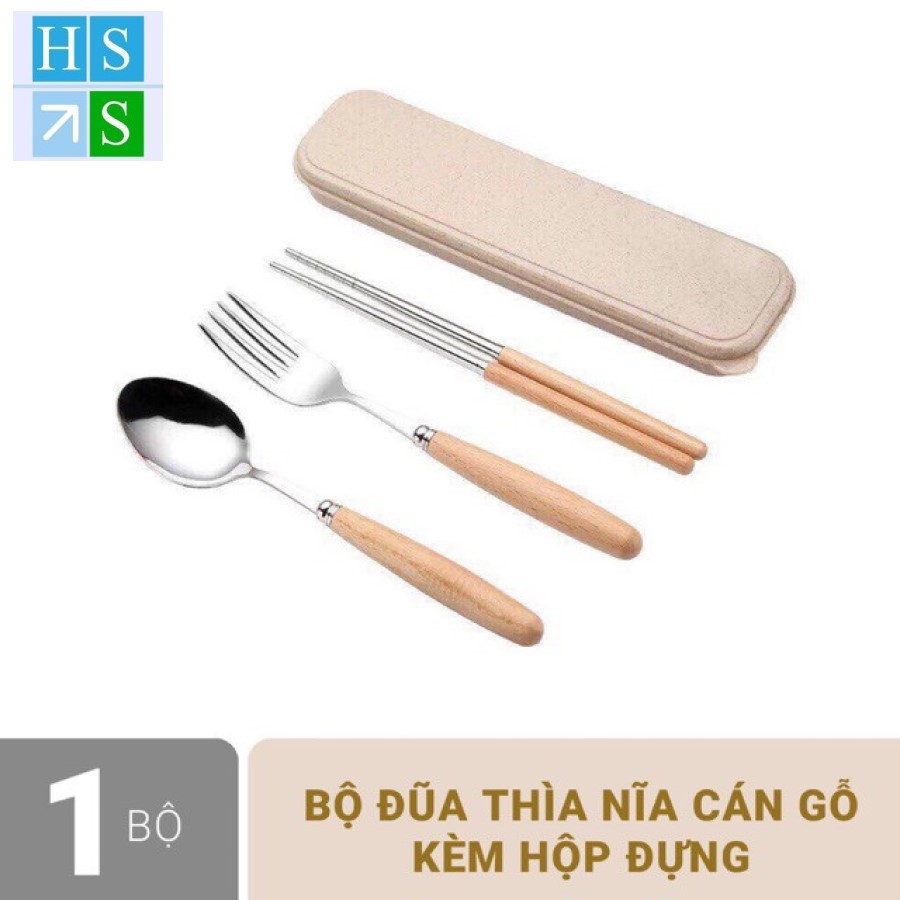 Bộ đũa dĩa thìa inox cán gỗ hộp đựng bằng lúa mạch (Dài 21cm) Cao cấp, sang trọng, an toàn vệ sinh