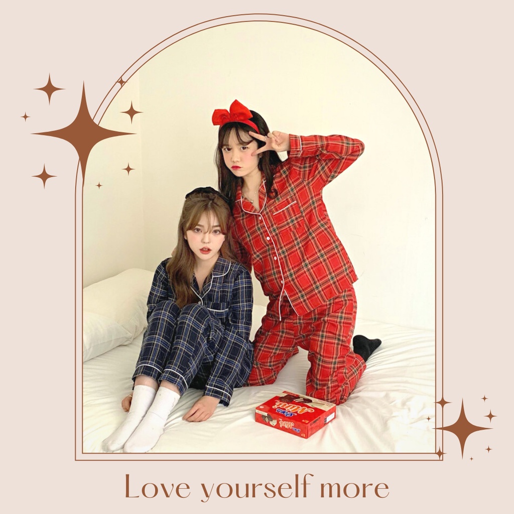 Đồ bộ nữ mặc nhà, pijama dài tay cao cấp quần dài kẻ caro thời trang Hàn Quốc thu đông
